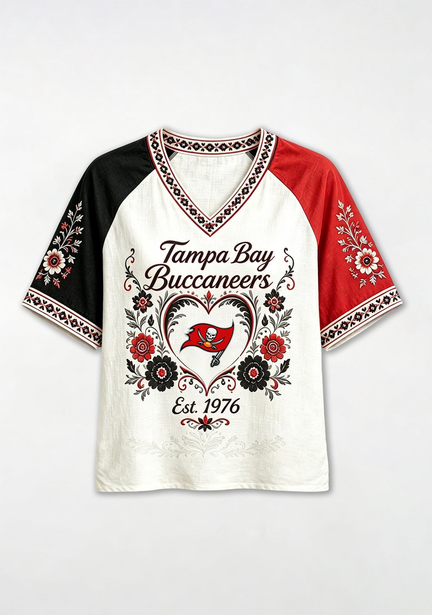 Boho Floral Tampa Bay Buccaneers Heart Pirate V-Neck T Shirt Secondary image