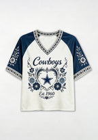 Boho Floral Dallas Cowboys Heart Star V-Neck T Shirt