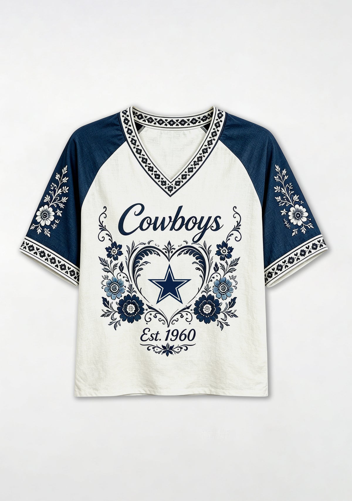 Boho Floral Dallas Cowboys Heart Star V-Neck T Shirt