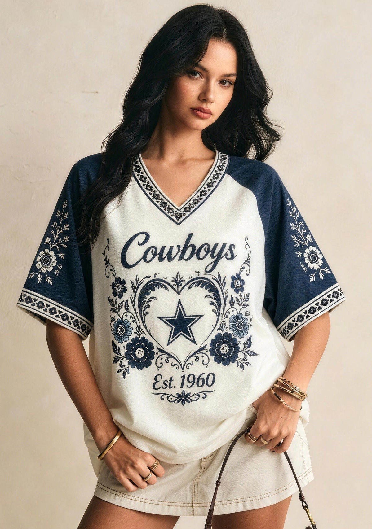 Boho Floral Dallas Cowboys Heart Star V-Neck T Shirt Main image