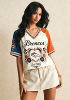 Boho Floral Denver Broncos Heart V-Neck T Shirt