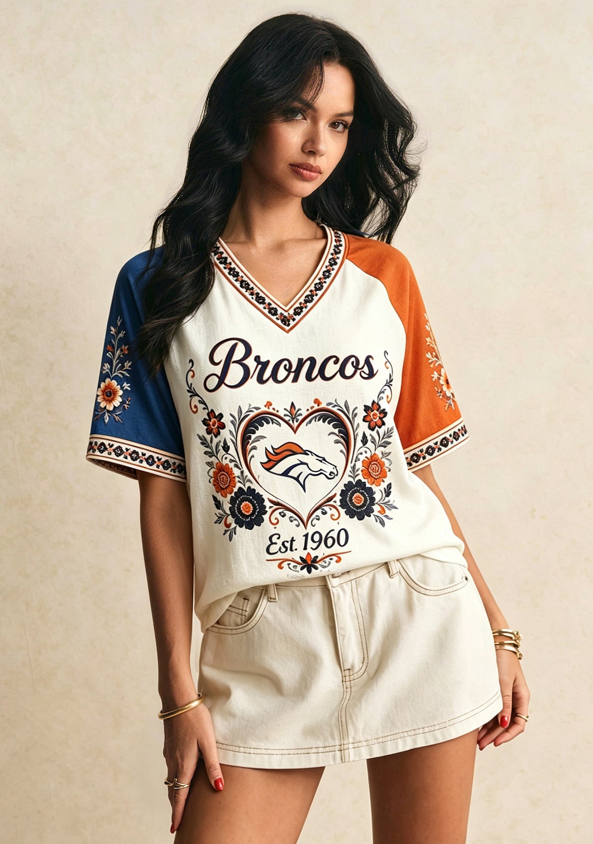 Boho Floral Denver Broncos Heart V-Neck T Shirt