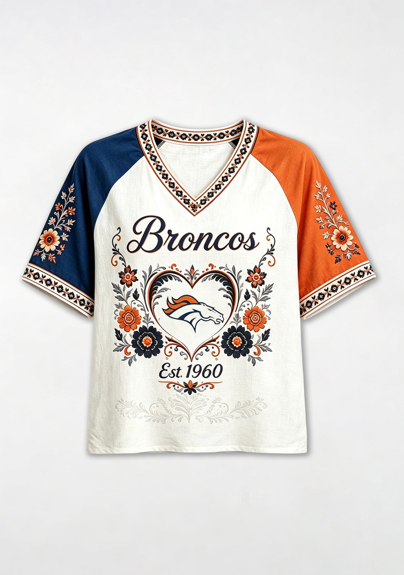 Boho Floral Denver Broncos Heart V-Neck T Shirt Secondary image