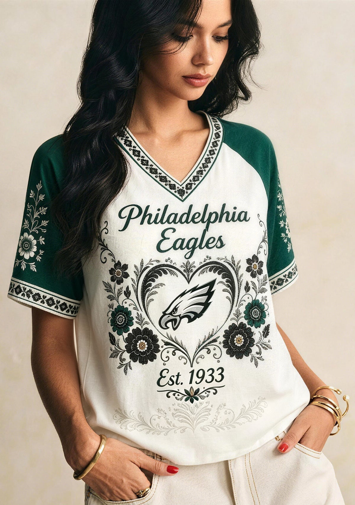 Philadelphia Eagles Boho Floral Heart V-Neck T Shirt