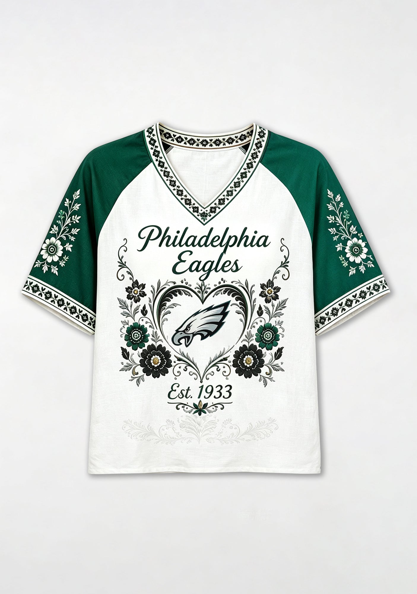 Philadelphia Eagles Boho Floral Heart V-Neck T Shirt Secondary image