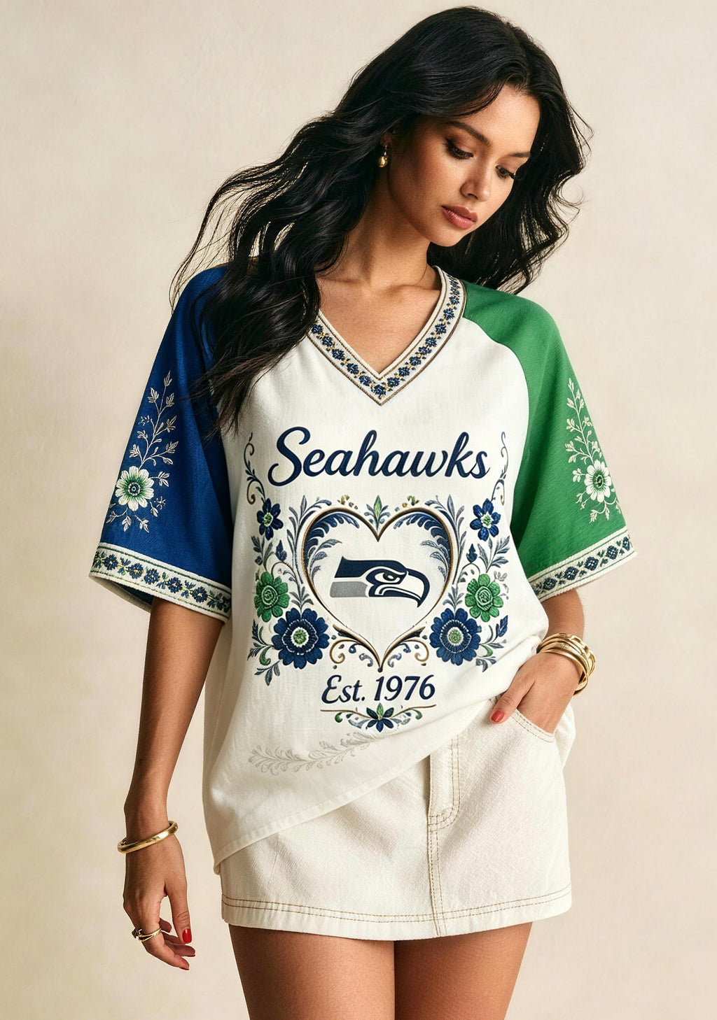 Seattle Seahawks Heart Hawk Logo V-Neck T Shirt