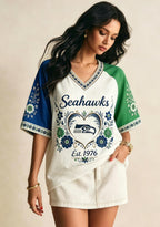 Seattle Seahawks Heart Hawk Logo V-Neck T Shirt
