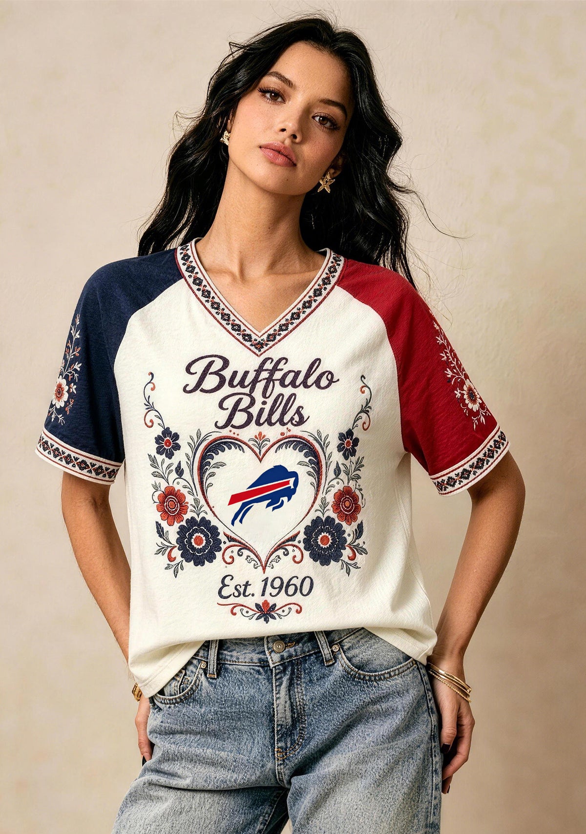 Buffalo Bills Boho Floral Heart Graphic V-Neck T Shirt Main image