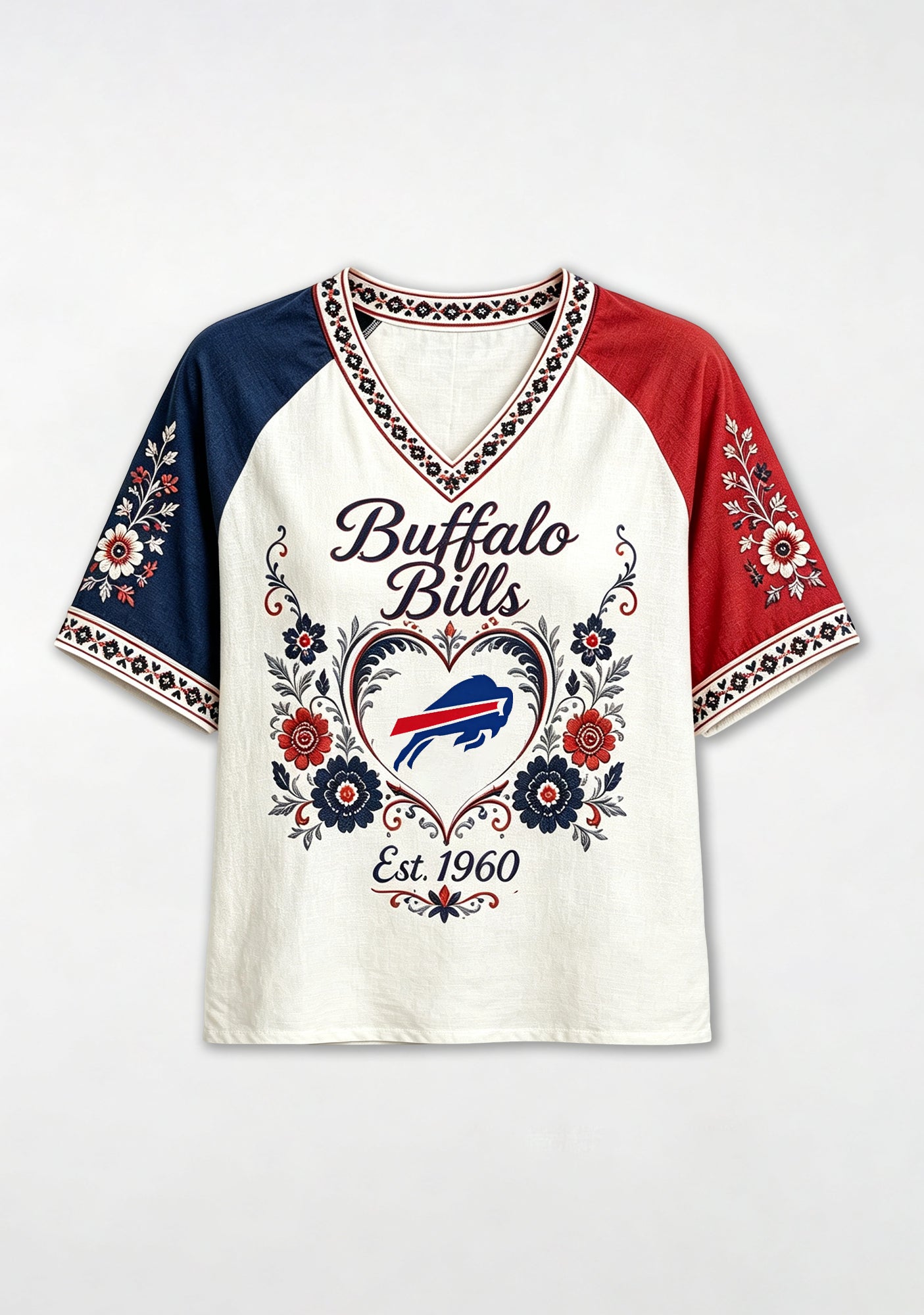 Buffalo Bills Boho Floral Heart Graphic V-Neck T Shirt Secondary image