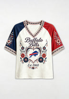 Buffalo Bills Boho Floral Heart Graphic V-Neck T Shirt
