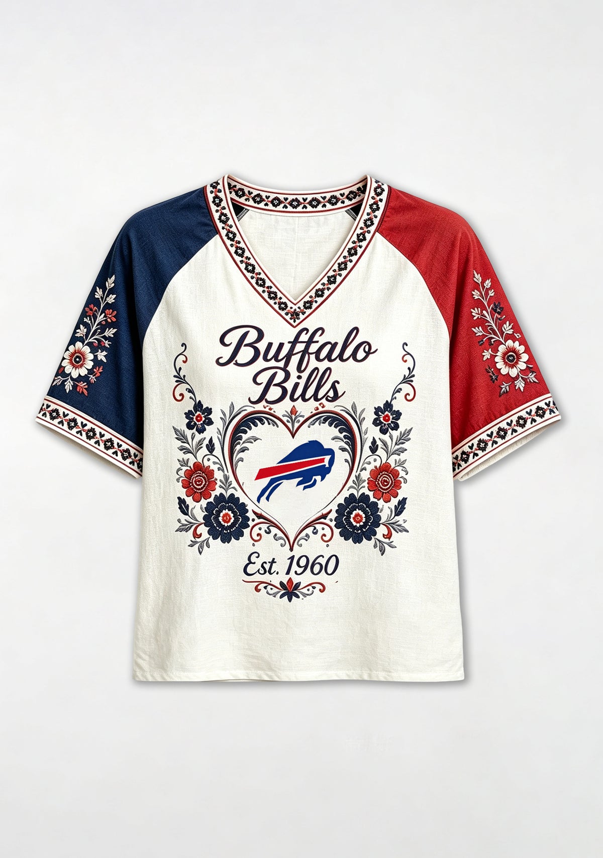 Buffalo Bills Boho Floral Heart Graphic V-Neck T Shirt