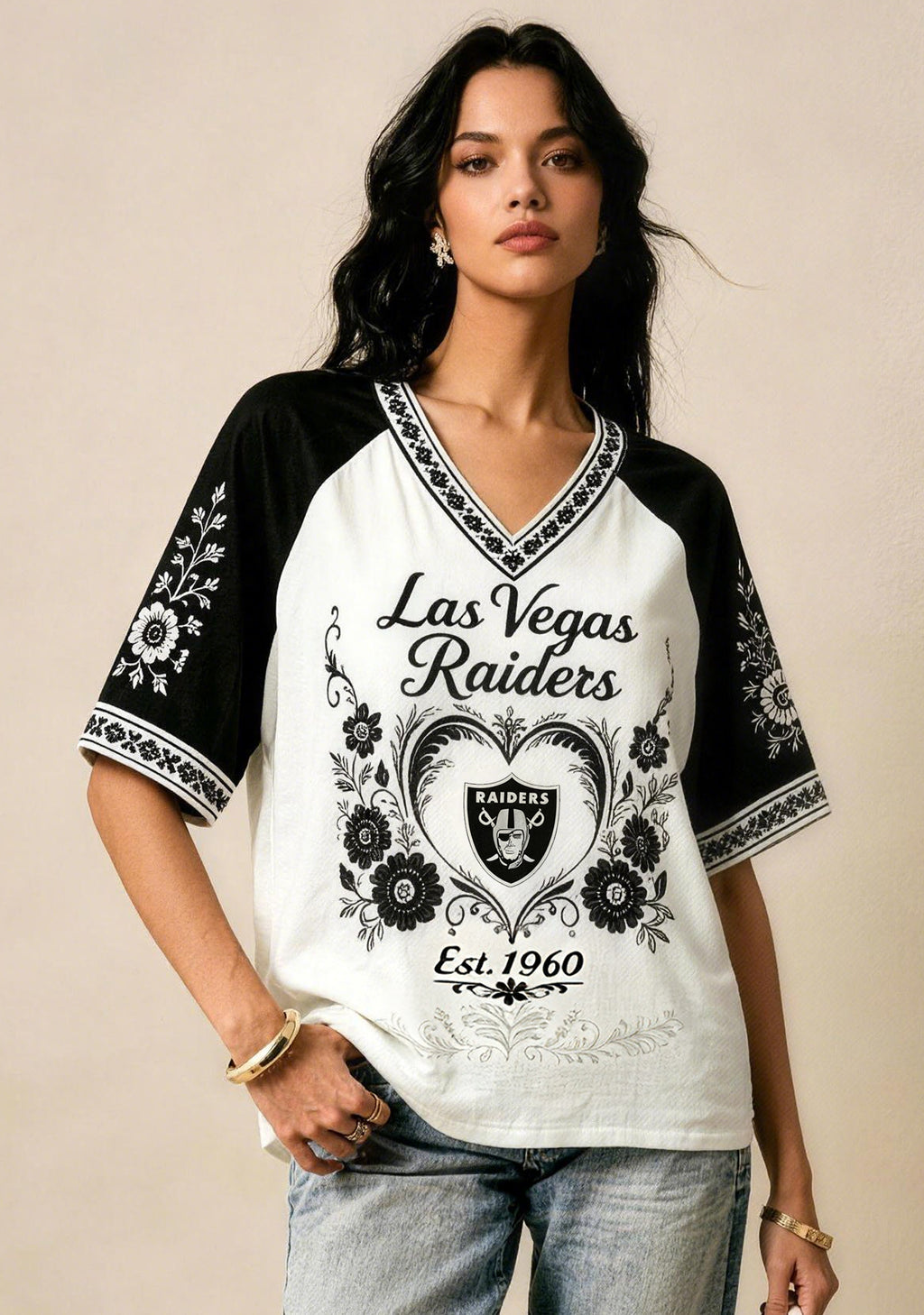 Las Vegas Raiders Boho Floral Graphic V-Neck T Shirt