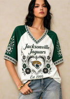 Jacksonville Jaguars Boho Floral Heart Raglan NFL V-Neck T Shirt