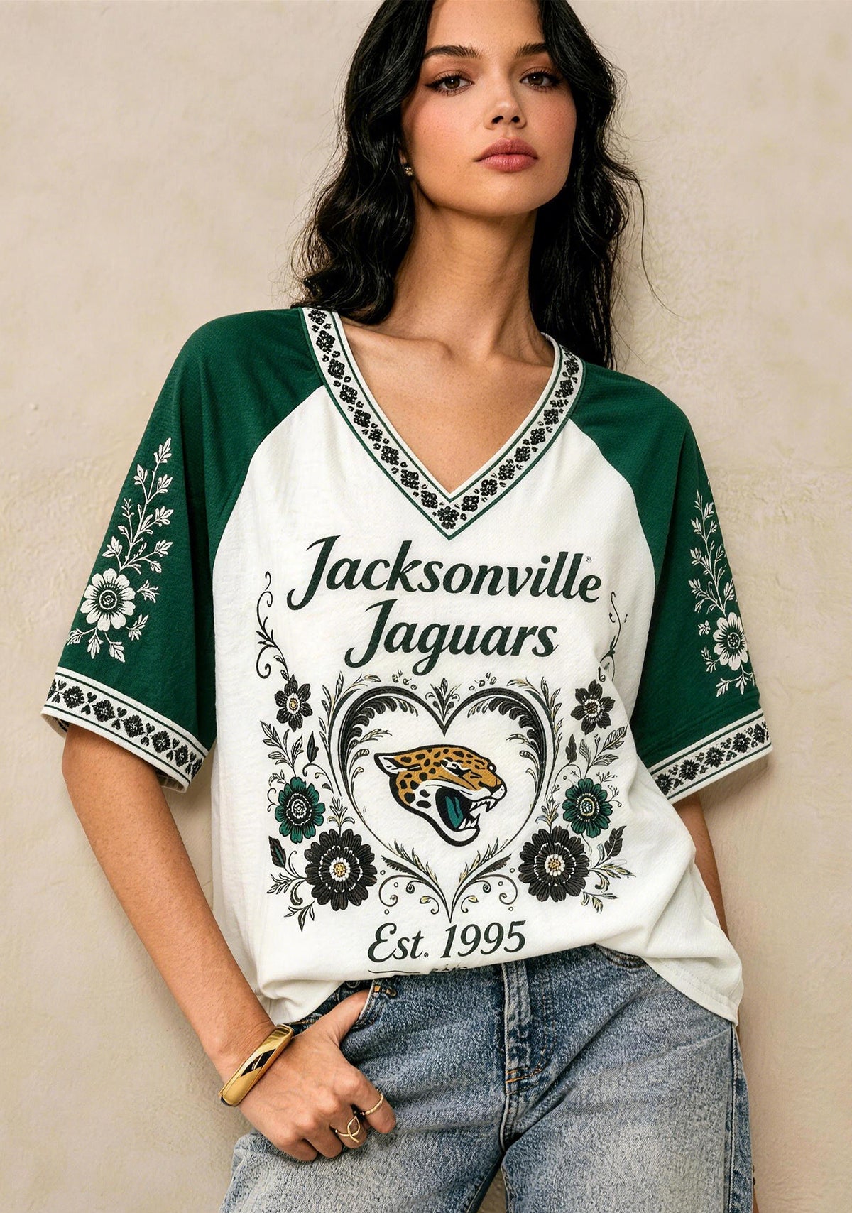 Jacksonville Jaguars Boho Floral Heart Raglan NFL V-Neck T Shirt