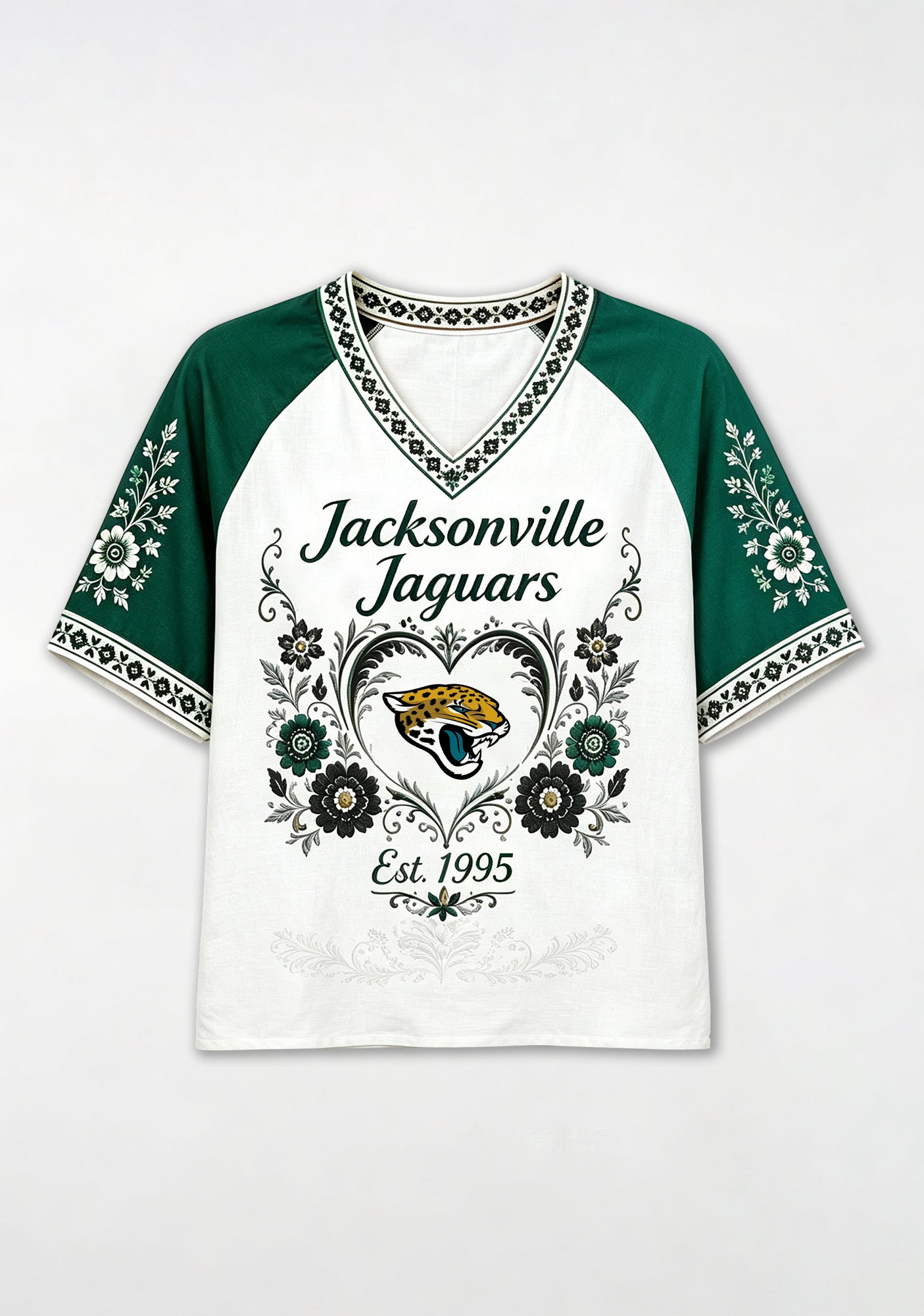 Jacksonville Jaguars Boho Floral Heart Raglan NFL V-Neck T Shirt Secondary image