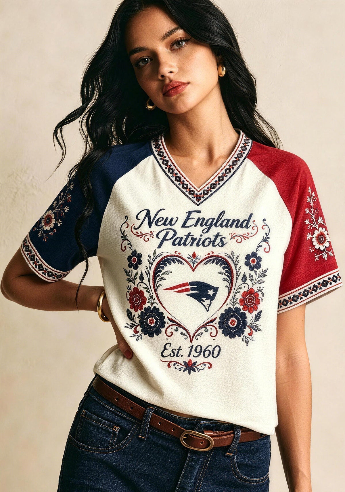 New England Patriots Folk‑Art Floral Heart NFL V-Neck T Shirt Main image