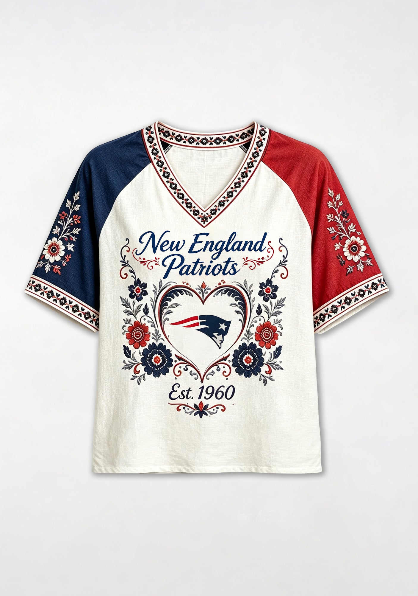 New England Patriots Folk‑Art Floral Heart NFL V-Neck T Shirt Secondary image