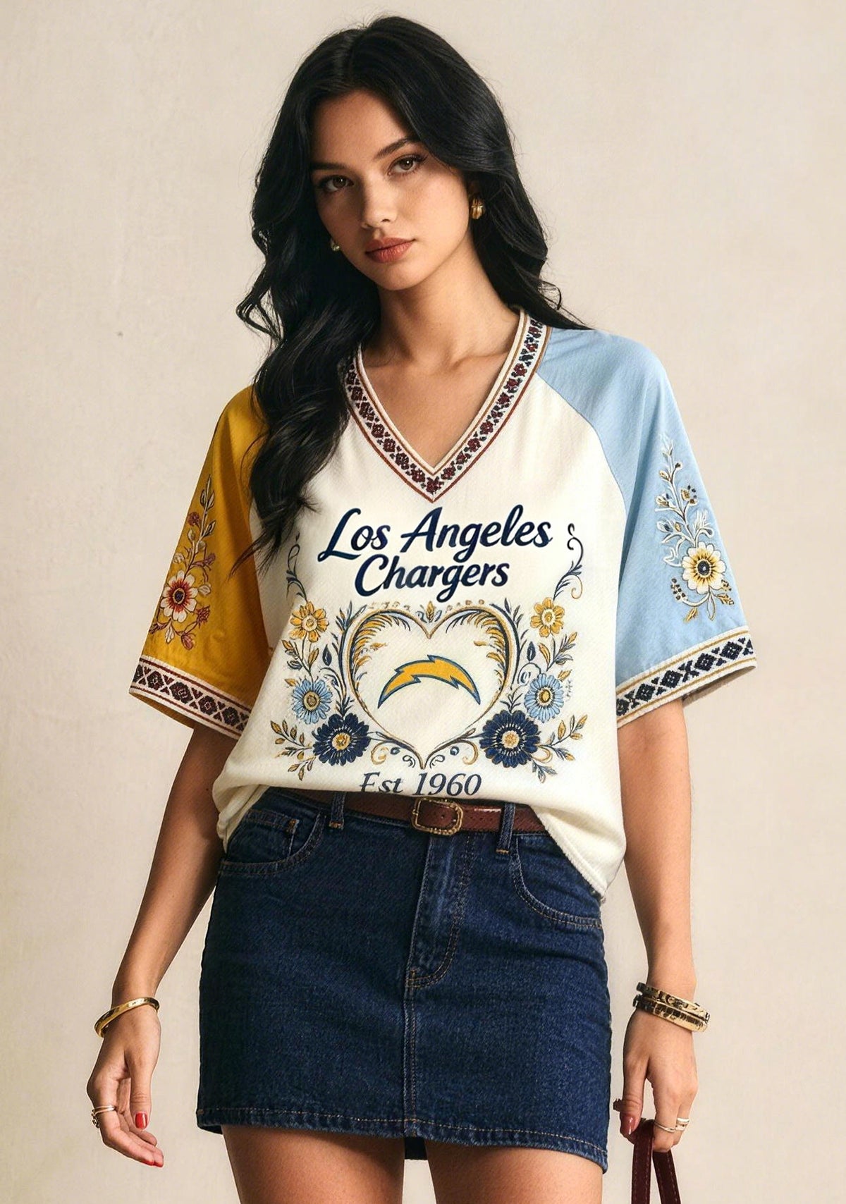 Los Angeles Chargers Decorative Heart Floral NFL V-Neck T Shirt Main image