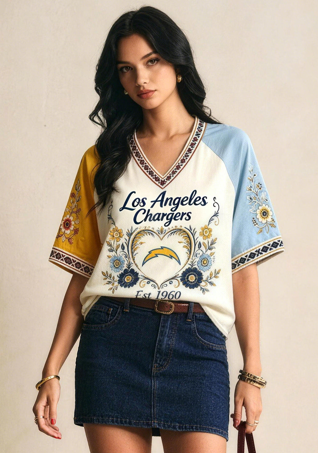 Los Angeles Chargers Decorative Heart Floral NFL V-Neck T Shirt