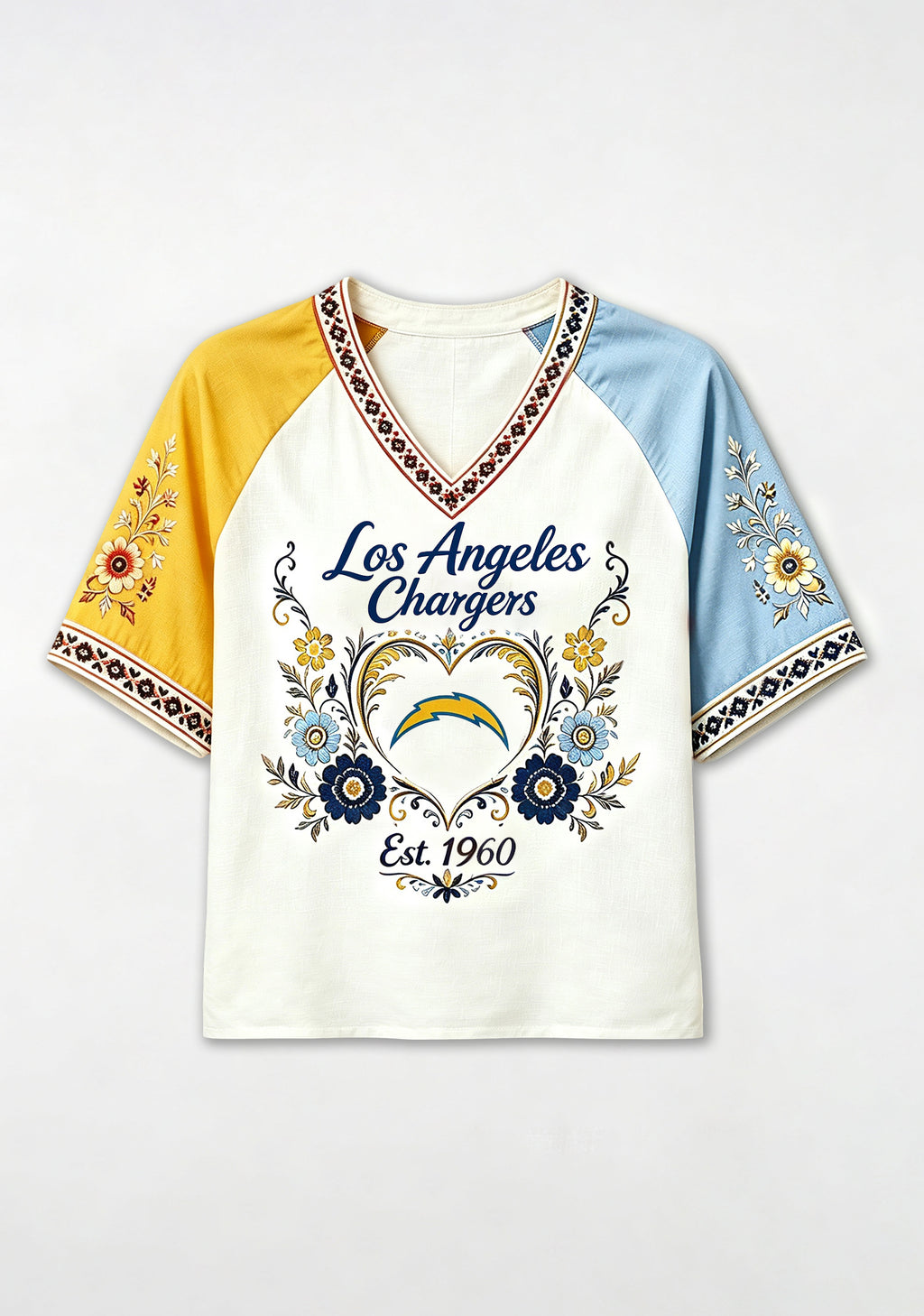 Los Angeles Chargers Decorative Heart Floral NFL V-Neck T Shirt