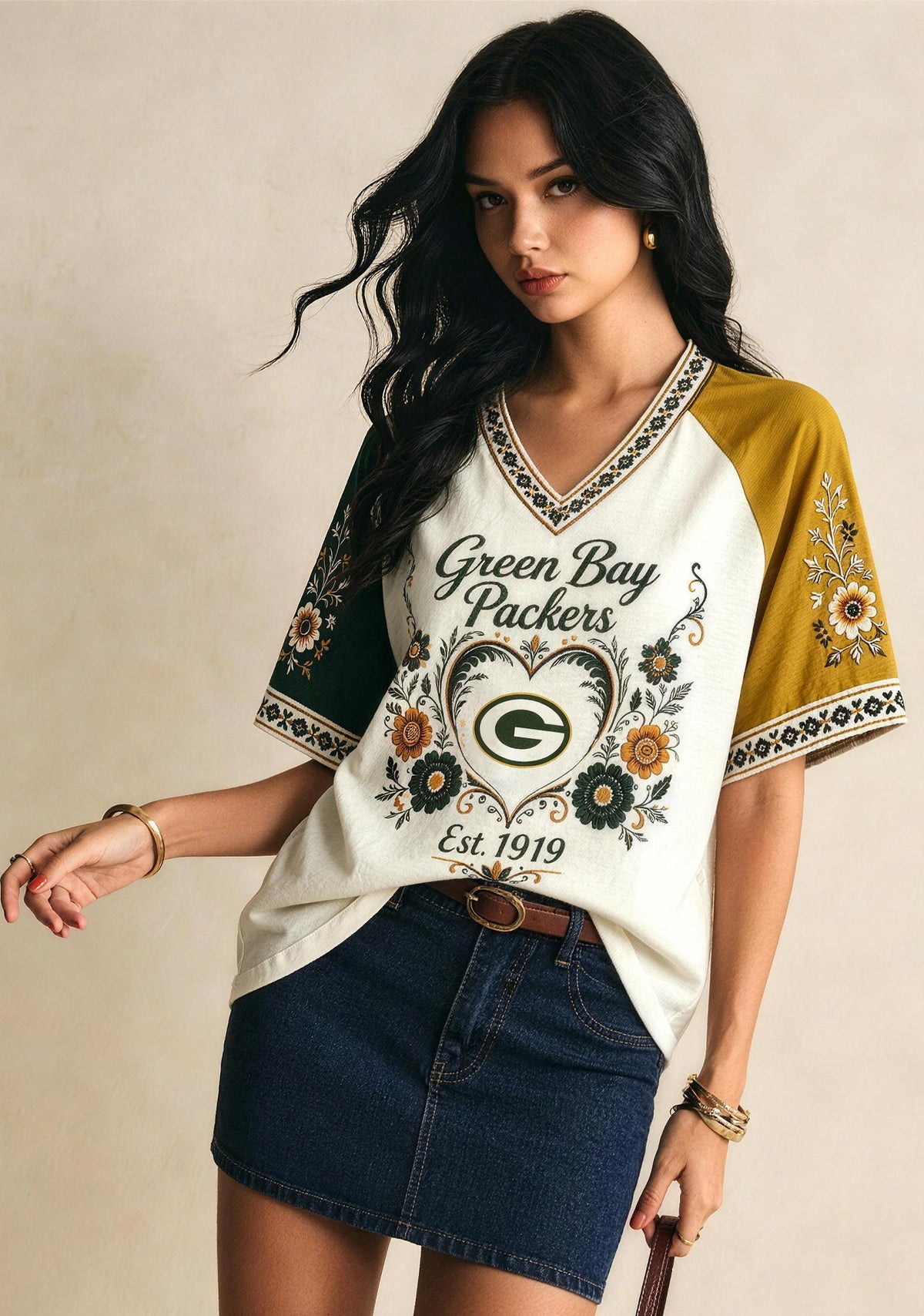 Green Bay Packers Bohemian Floral Heart NFL V-Neck T Shirt Main image