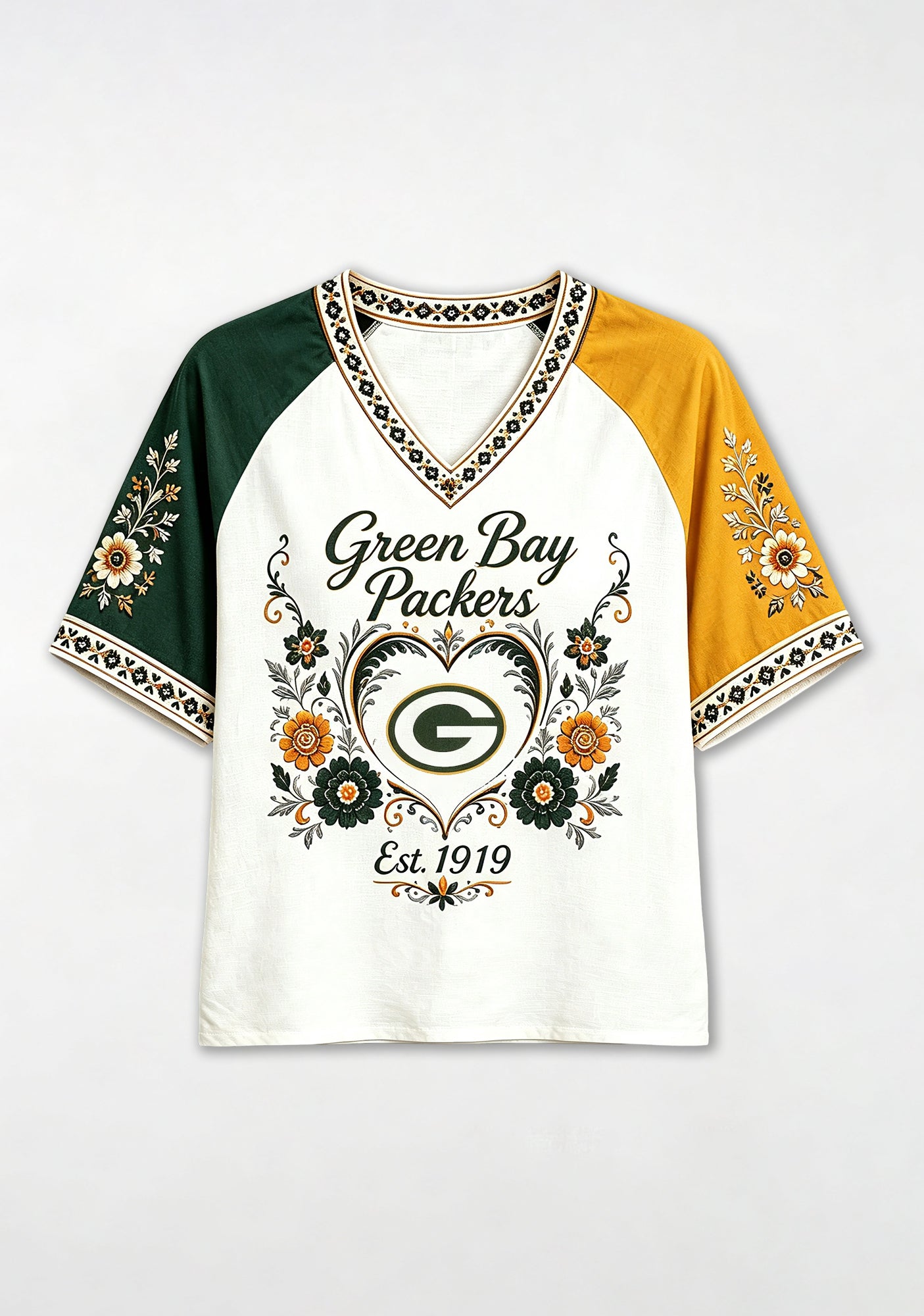 Green Bay Packers Bohemian Floral Heart NFL V-Neck T Shirt Secondary image