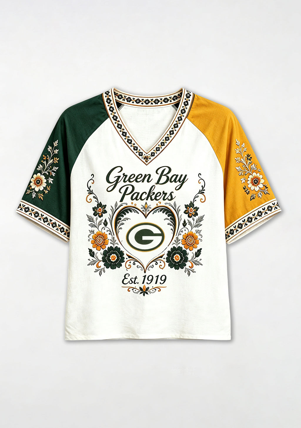 Green Bay Packers Bohemian Floral Heart NFL V-Neck T Shirt