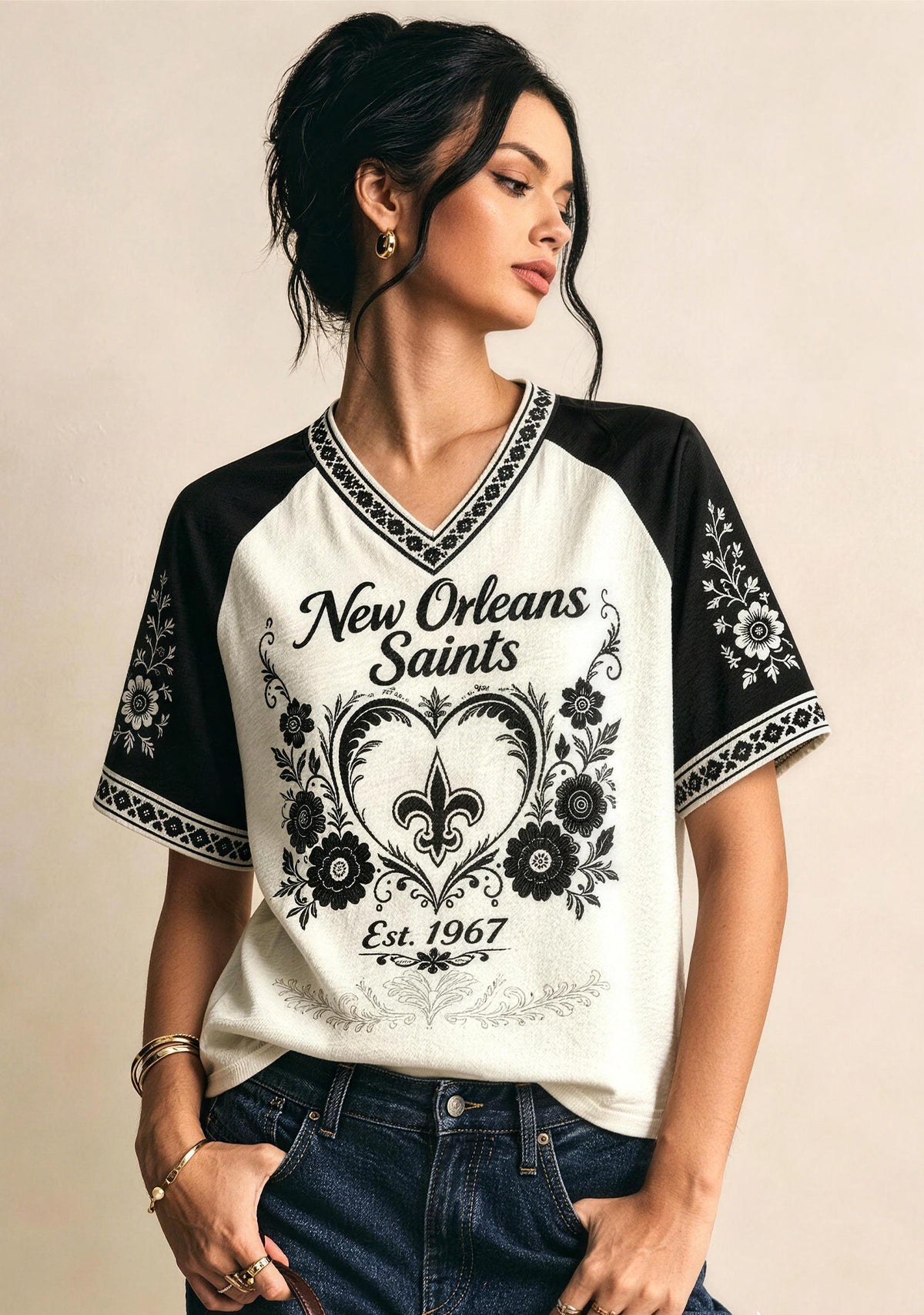 New Orleans Saints Retro Boho Floral NFL V-Neck T Shirt Main image