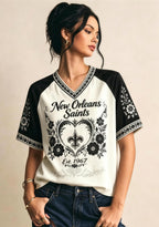 New Orleans Saints Retro Boho Floral NFL V-Neck T Shirt