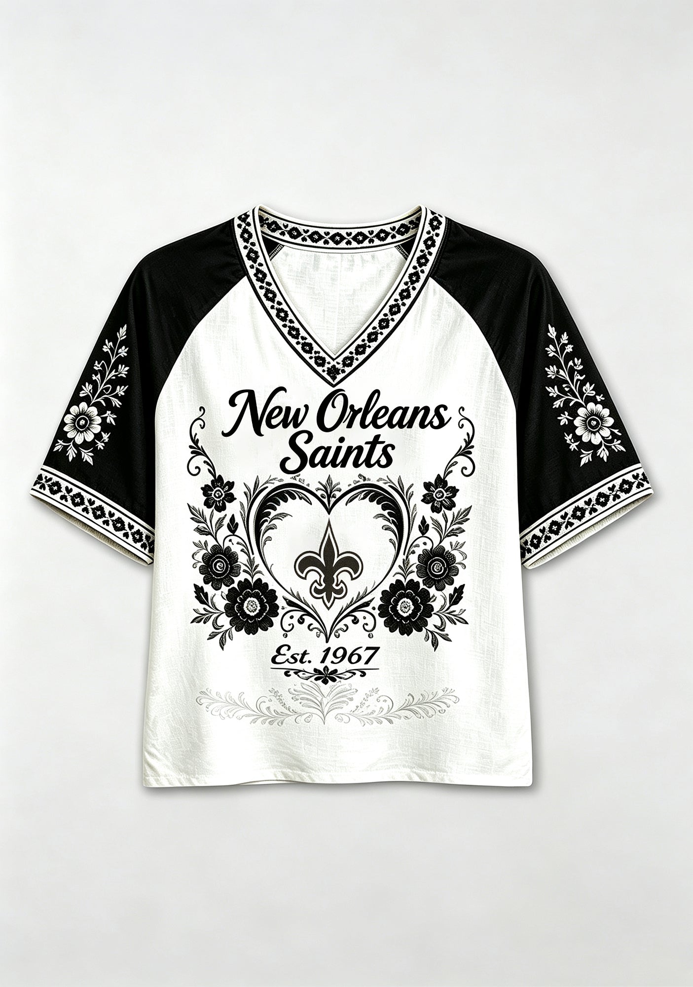 New Orleans Saints Retro Boho Floral NFL V-Neck T Shirt Secondary image