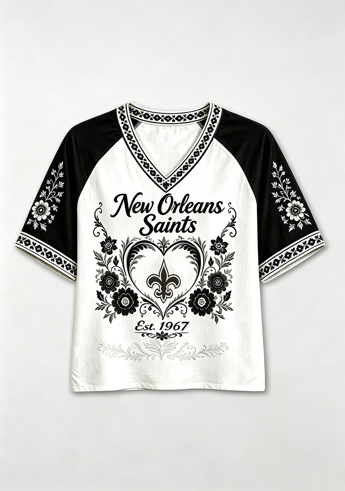 New Orleans Saints Retro Boho Floral NFL V-Neck T Shirt