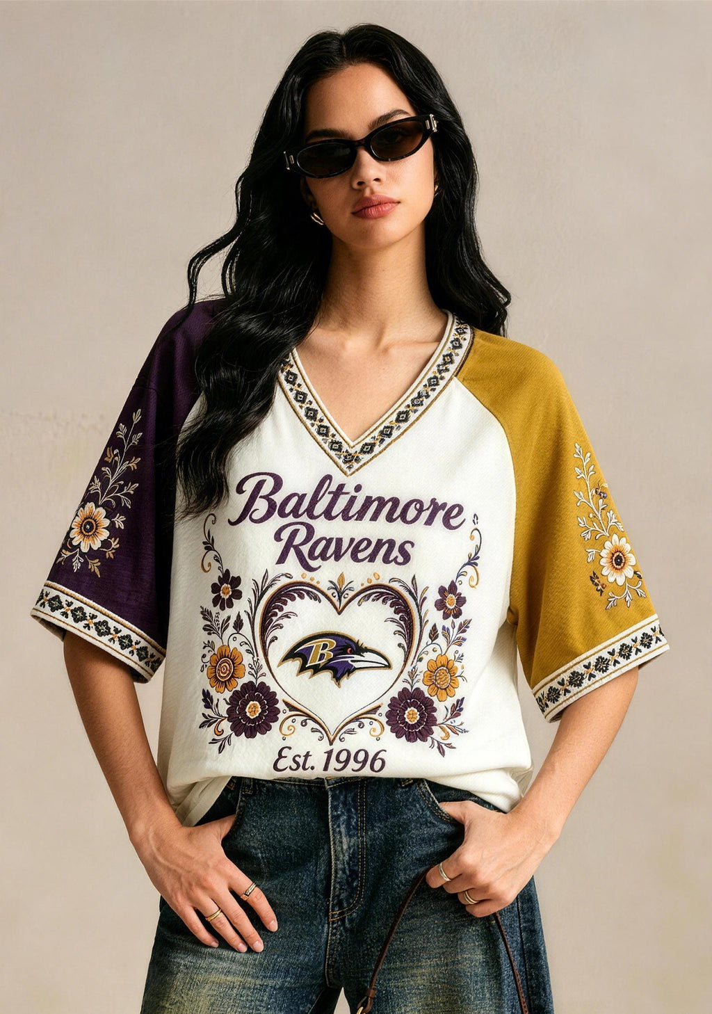 Baltimore Ravens Boho Folk‑Art Heart NFL V-Neck T Shirt