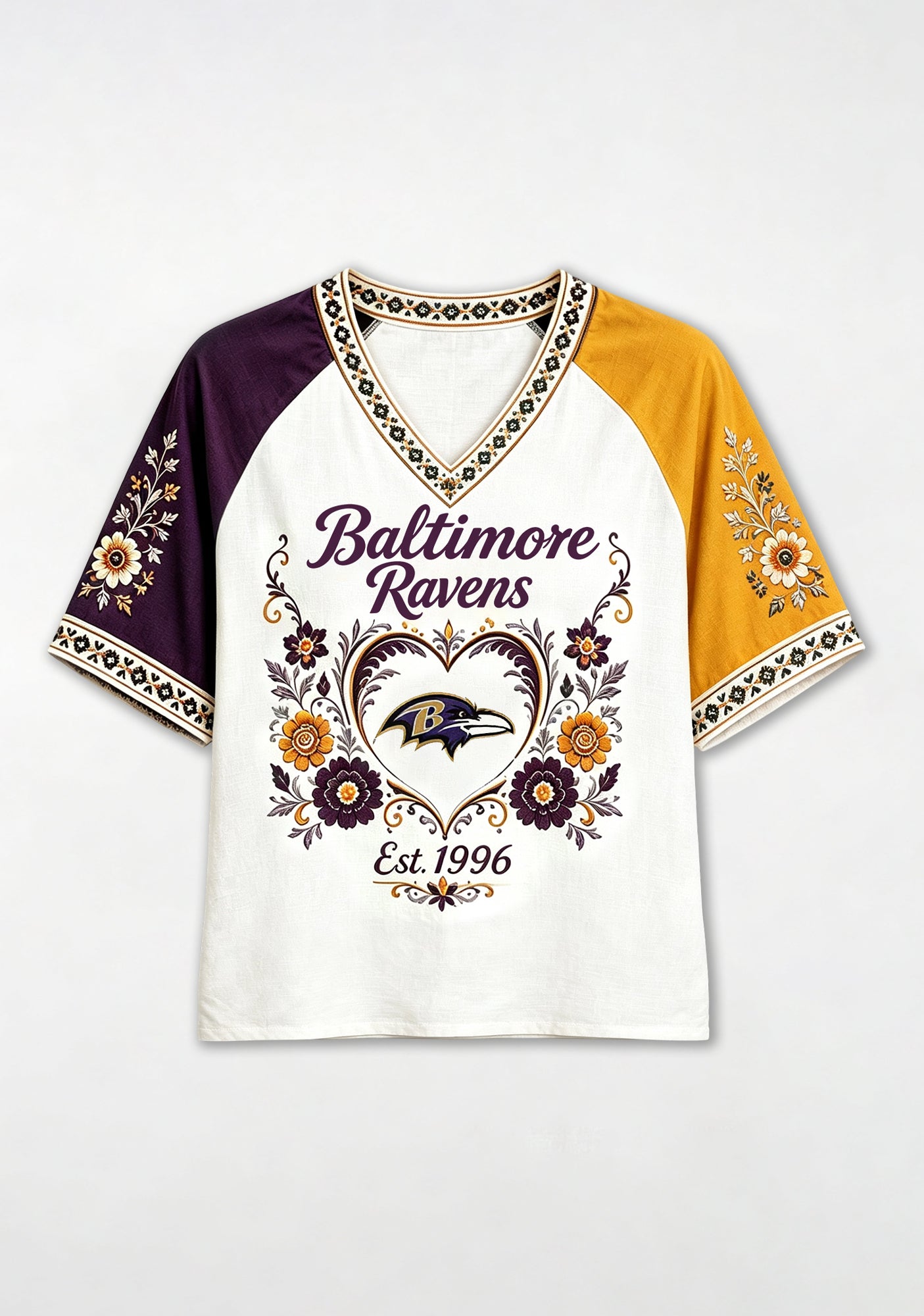 Baltimore Ravens Boho Folk‑Art Heart NFL V-Neck T Shirt Secondary image