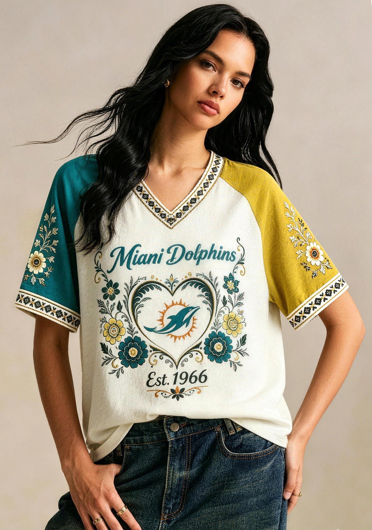 Miami Dolphins Est 1966 Folk Floral NFL V-Neck T-Shirt Main image
