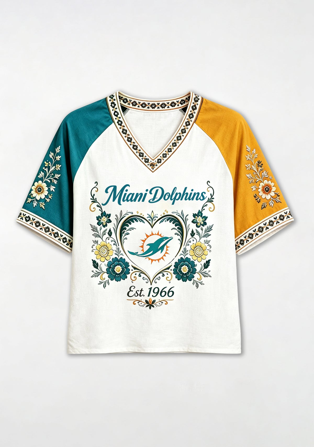 Miami Dolphins Est 1966 Folk Floral NFL V-Neck T-Shirt