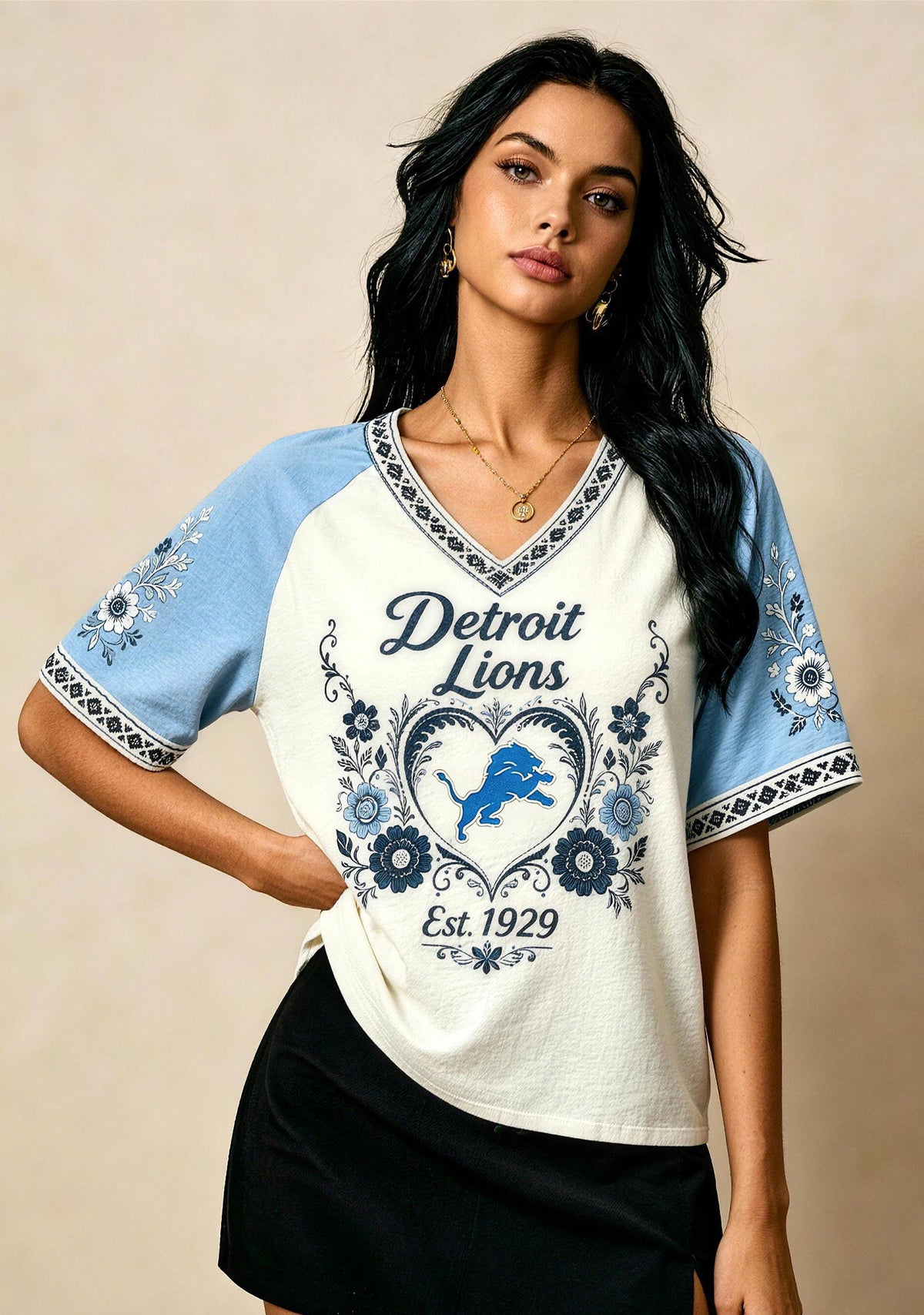 Detroit Lions Est 1929 Folk Floral NFL V-Neck T-Shirt