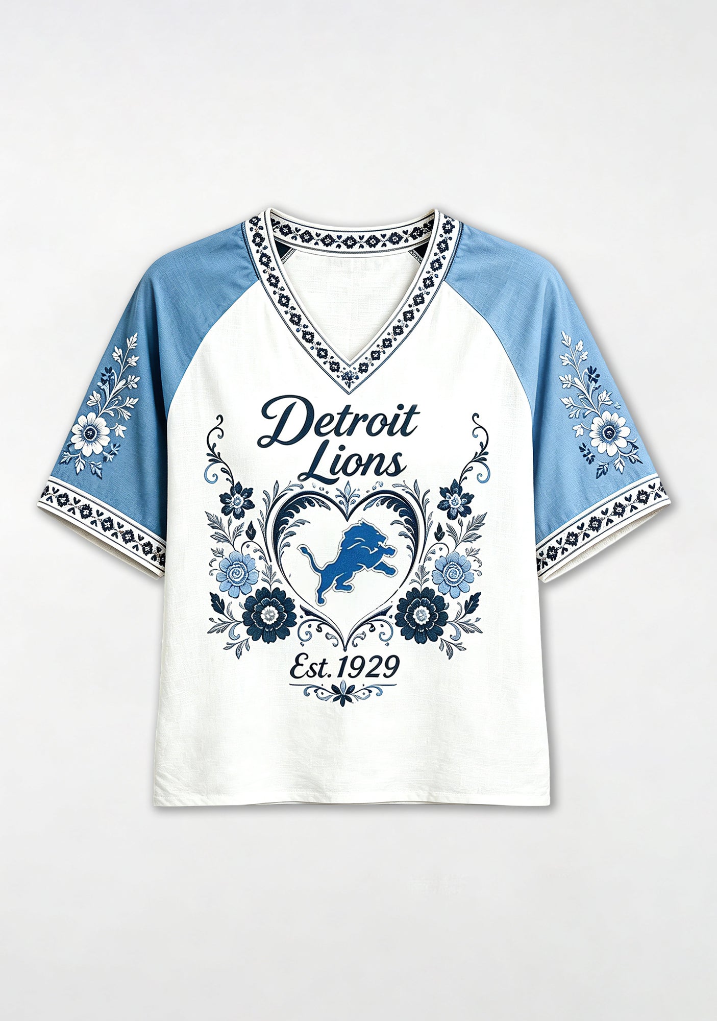 Detroit Lions Est 1929 Folk Floral NFL V-Neck T-Shirt Secondary image
