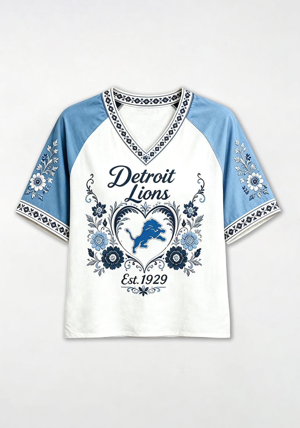 Detroit Lions Est 1929 Folk Floral NFL V-Neck T-Shirt