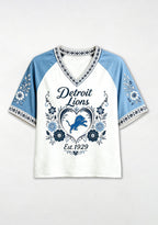 Detroit Lions Est 1929 Folk Floral NFL V-Neck T-Shirt