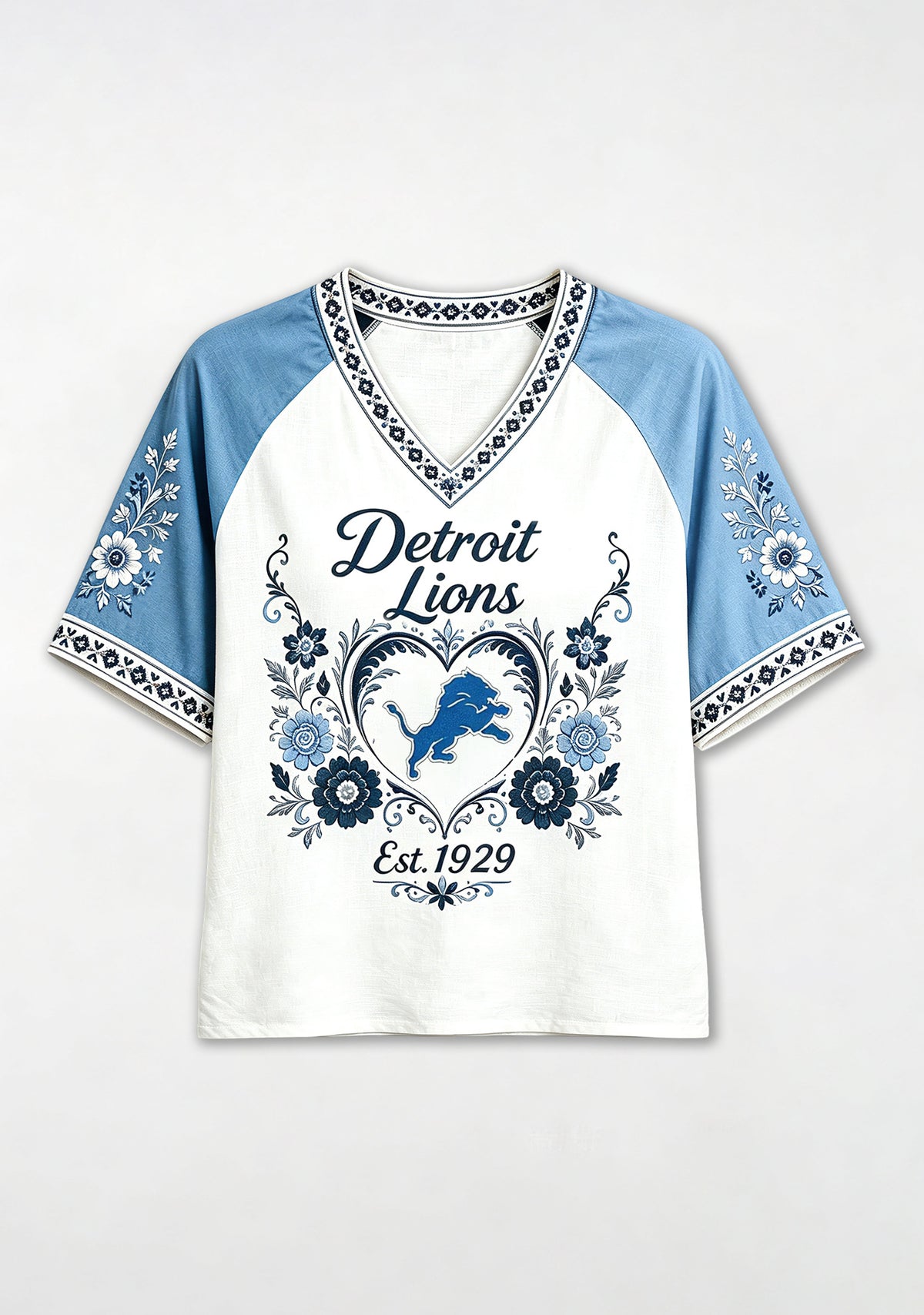 Detroit Lions Est 1929 Folk Floral NFL V-Neck T-Shirt