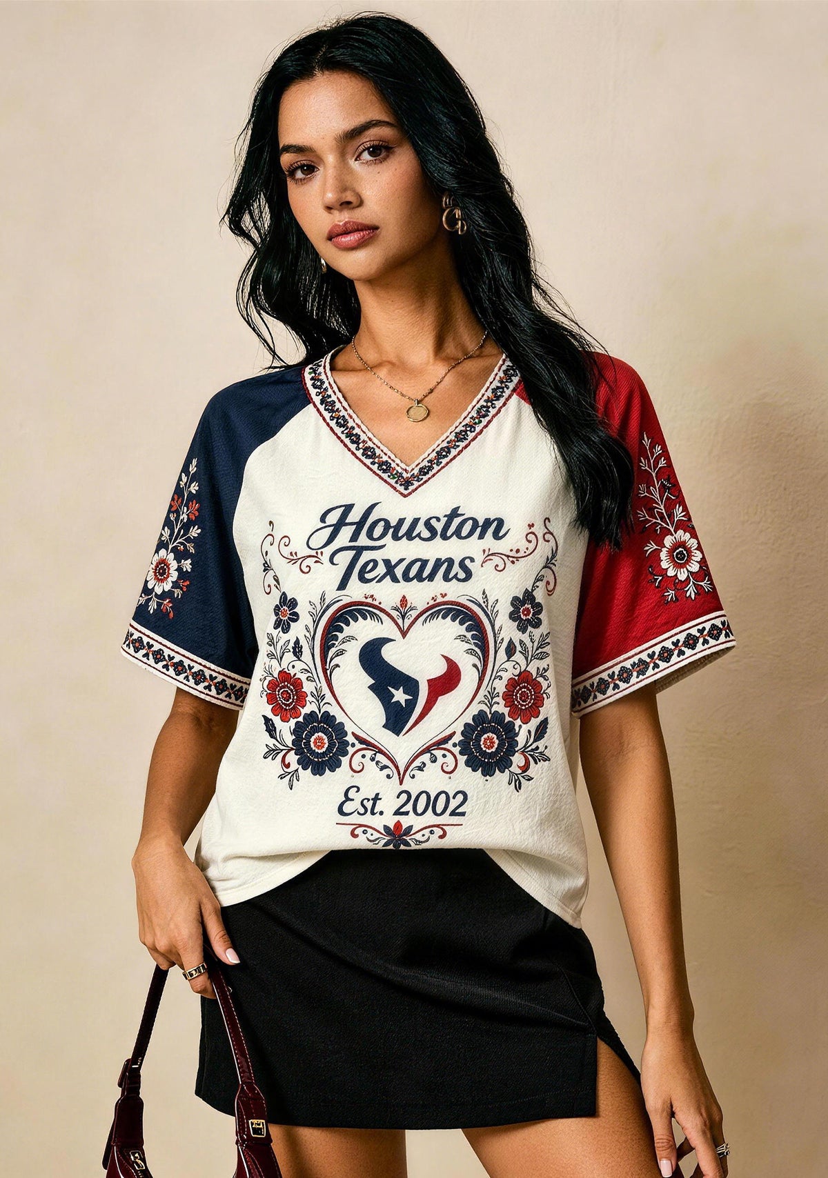 Houston Texans Est 2002 Folk Floral NFL V-Neck T-Shirt Main image