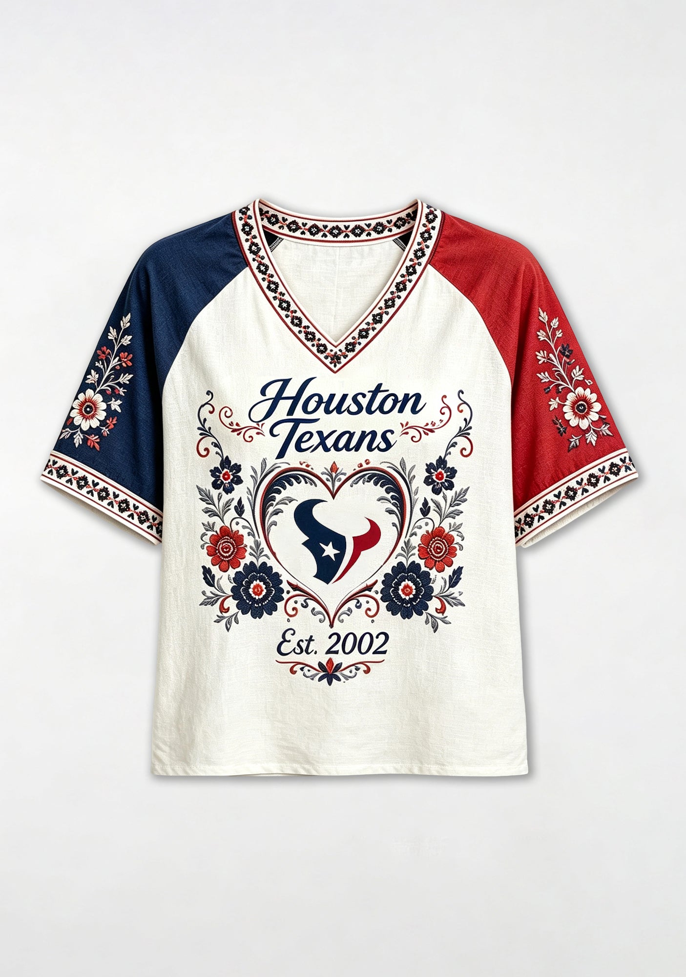 Houston Texans Est 2002 Folk Floral NFL V-Neck T-Shirt Secondary image