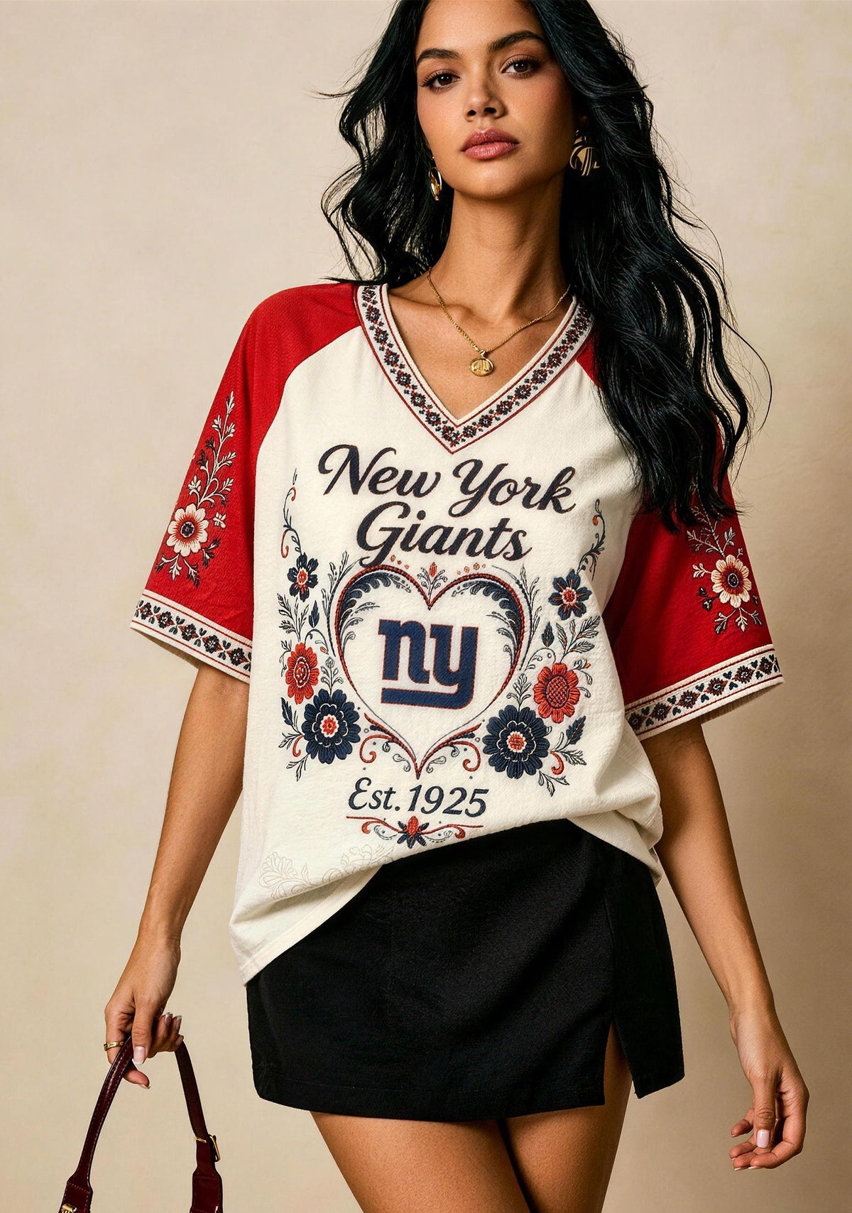 New York Giants Est 1925 Folk Floral NFL V-Neck T-Shirt Main image