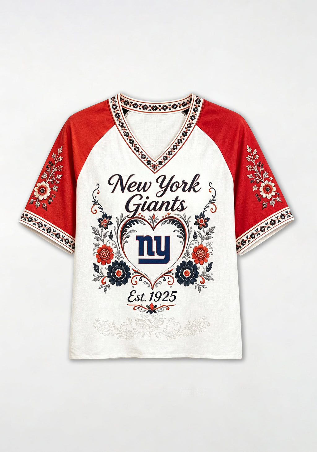 New York Giants Est 1925 Folk Floral NFL V-Neck T-Shirt