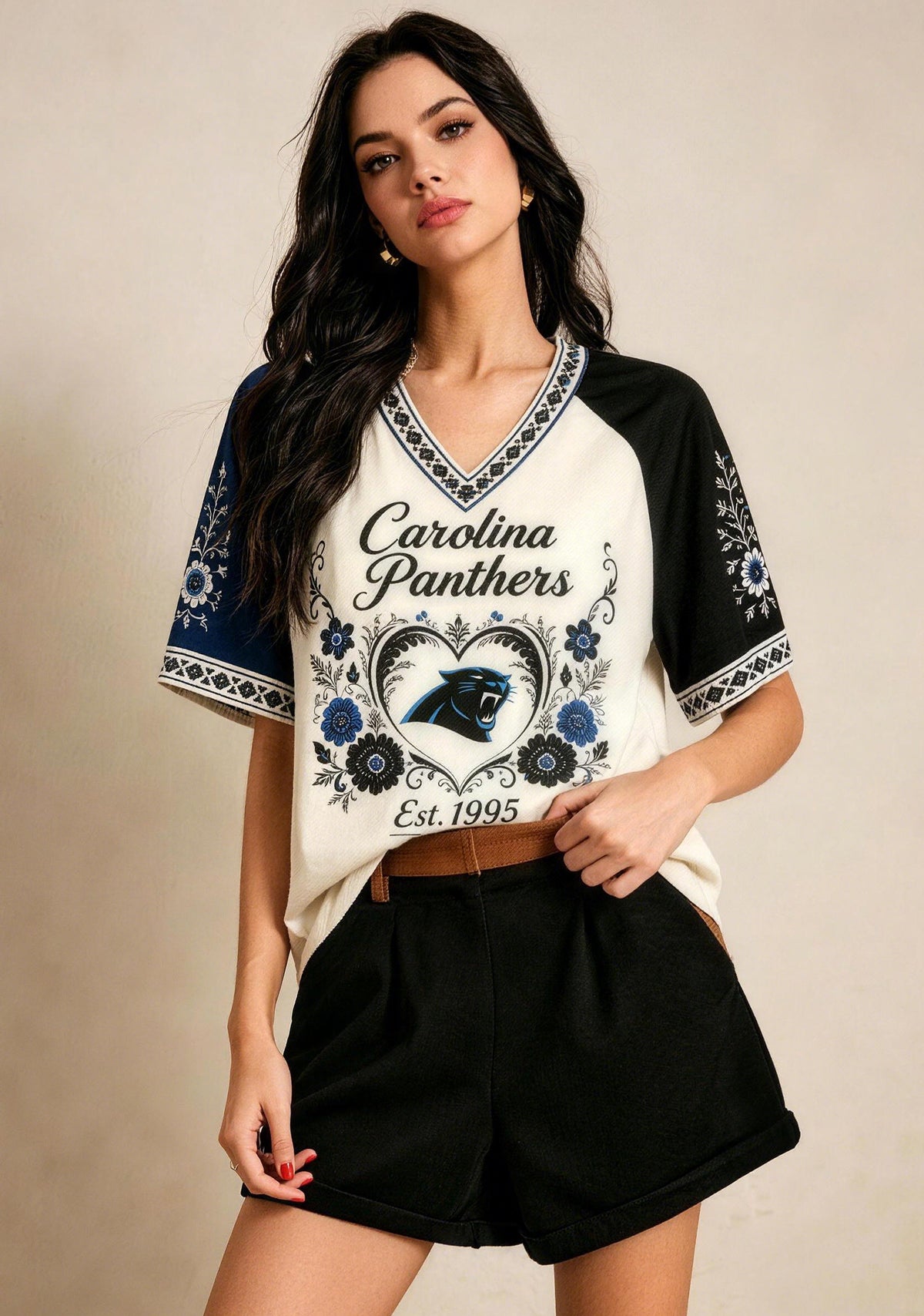 Carolina Panthers Est 1995 Folk Floral NFL V-Neck T-Shirt Main image