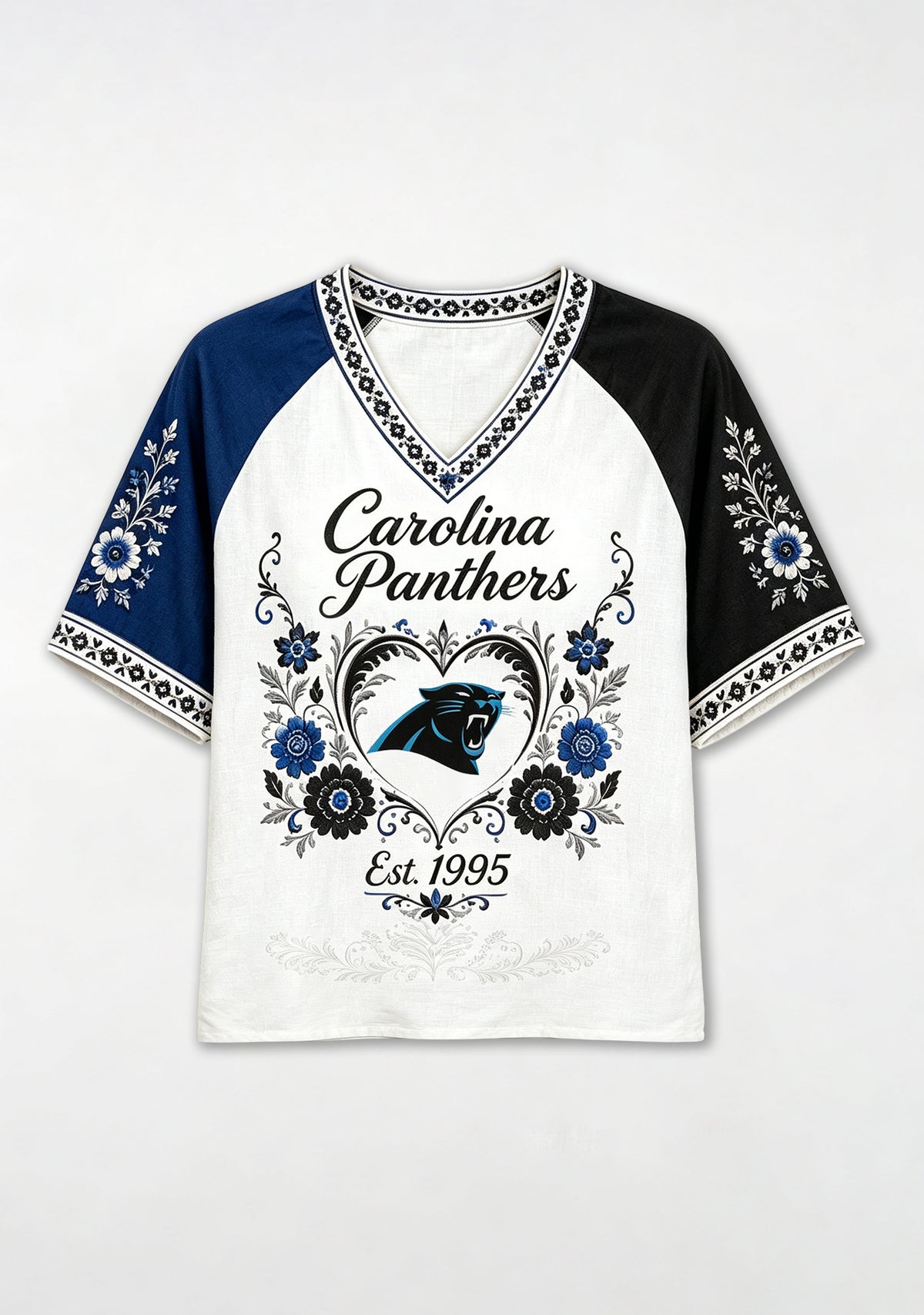 Carolina Panthers Est 1995 Folk Floral NFL V-Neck T-Shirt