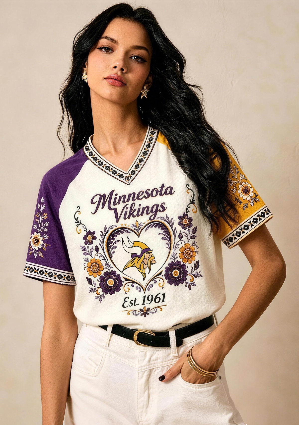 Minnesota Vikings Retro Floral Heart NFL V-Neck T-Shirt Main image
