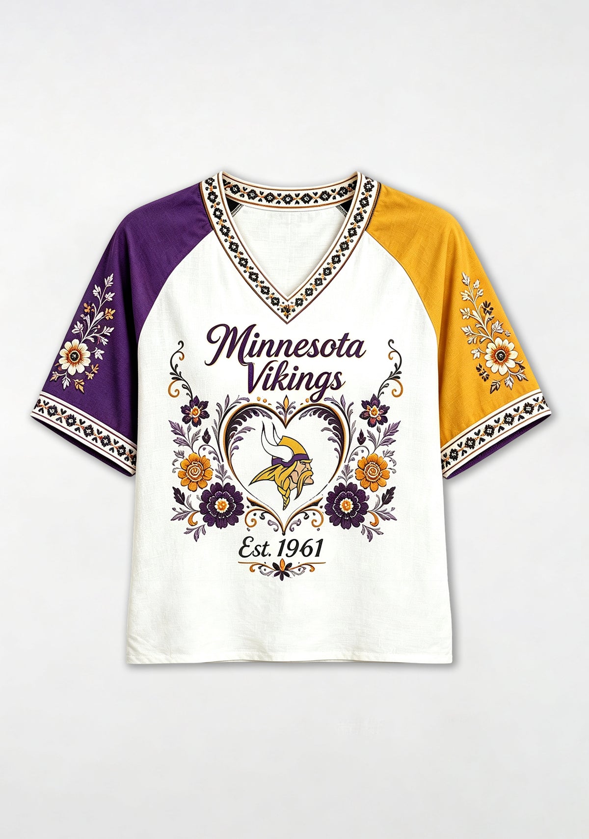 Minnesota Vikings Retro Floral Heart NFL V-Neck T-Shirt