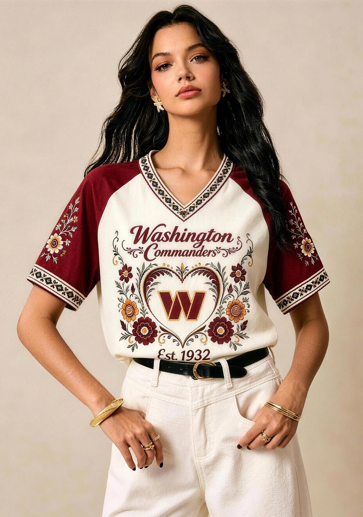 Washington Commanders Retro Floral Heart Raglan NFL V-Neck T-Shirt