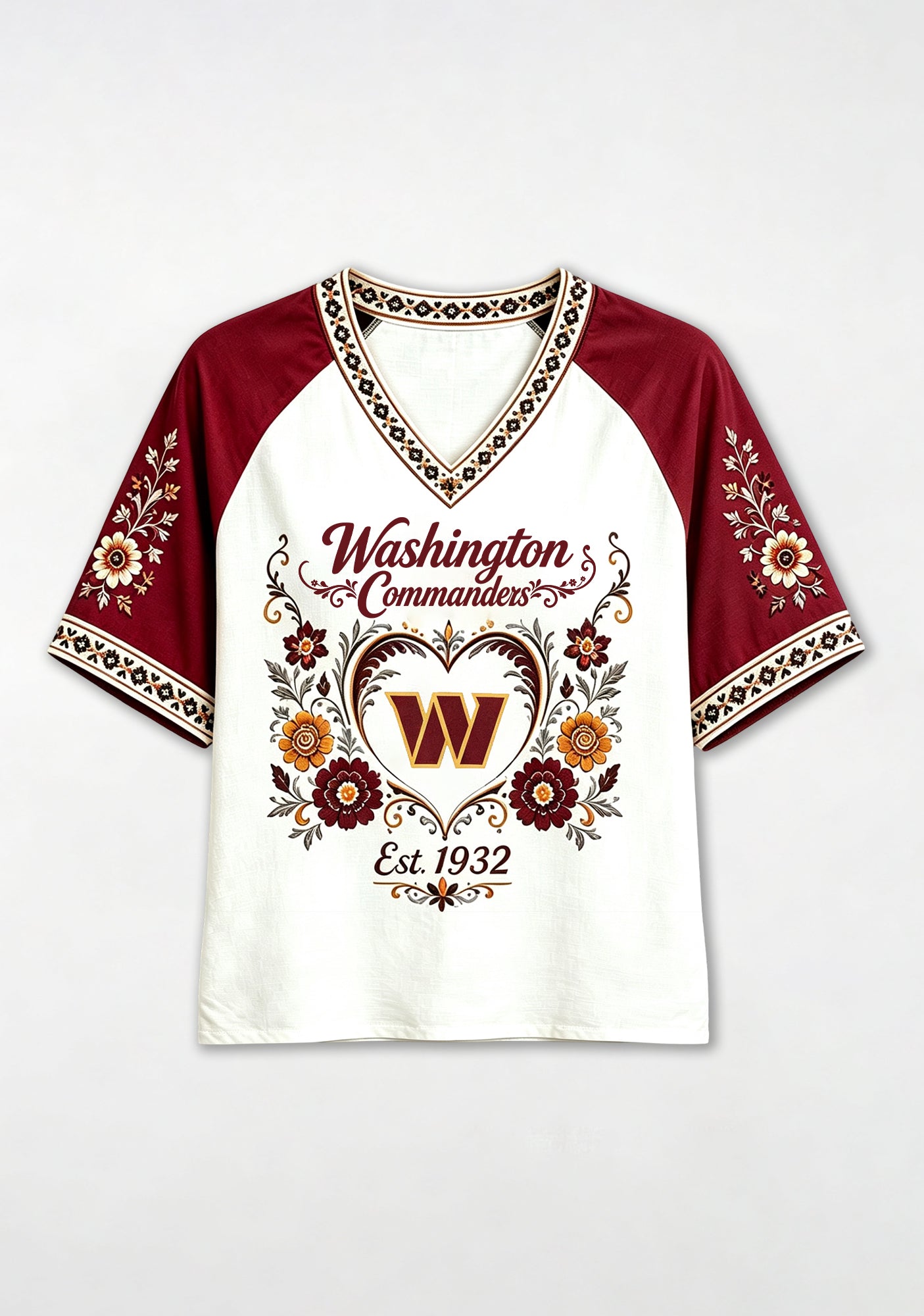 Washington Commanders Retro Floral Heart Raglan NFL V-Neck T-Shirt Secondary image